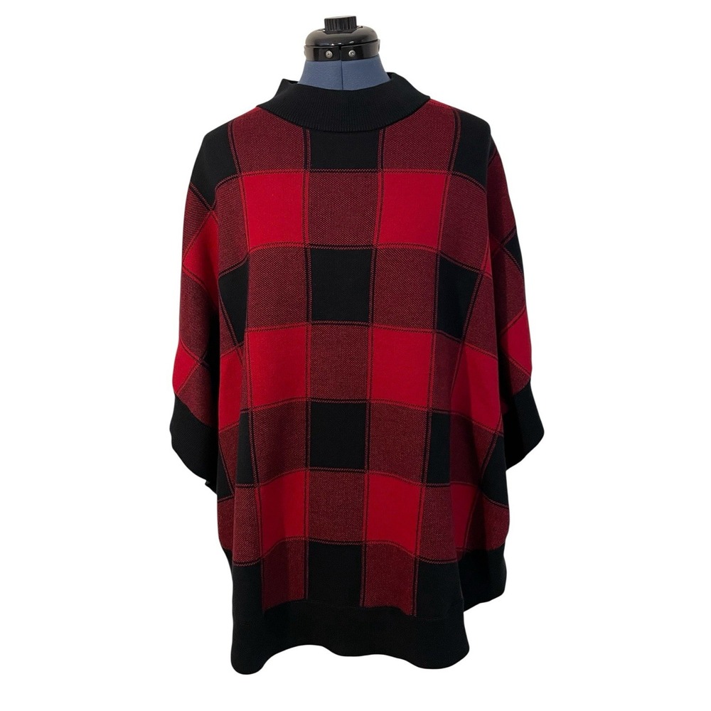 NWT Talbots Red Black Buffalo Check Knit Button Poncho Christmas Cozy Preppy S/M